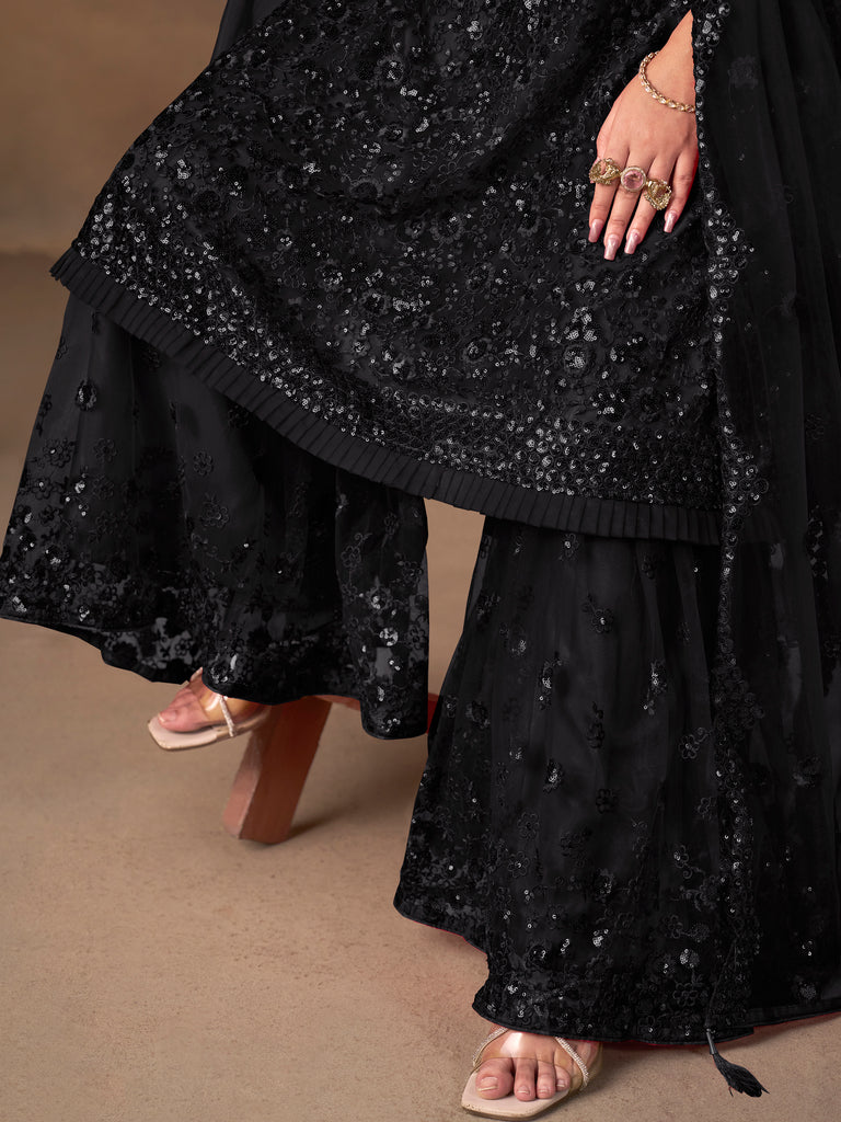 Enchanting Black Embroidered Net Festival Wear Sharara Suit