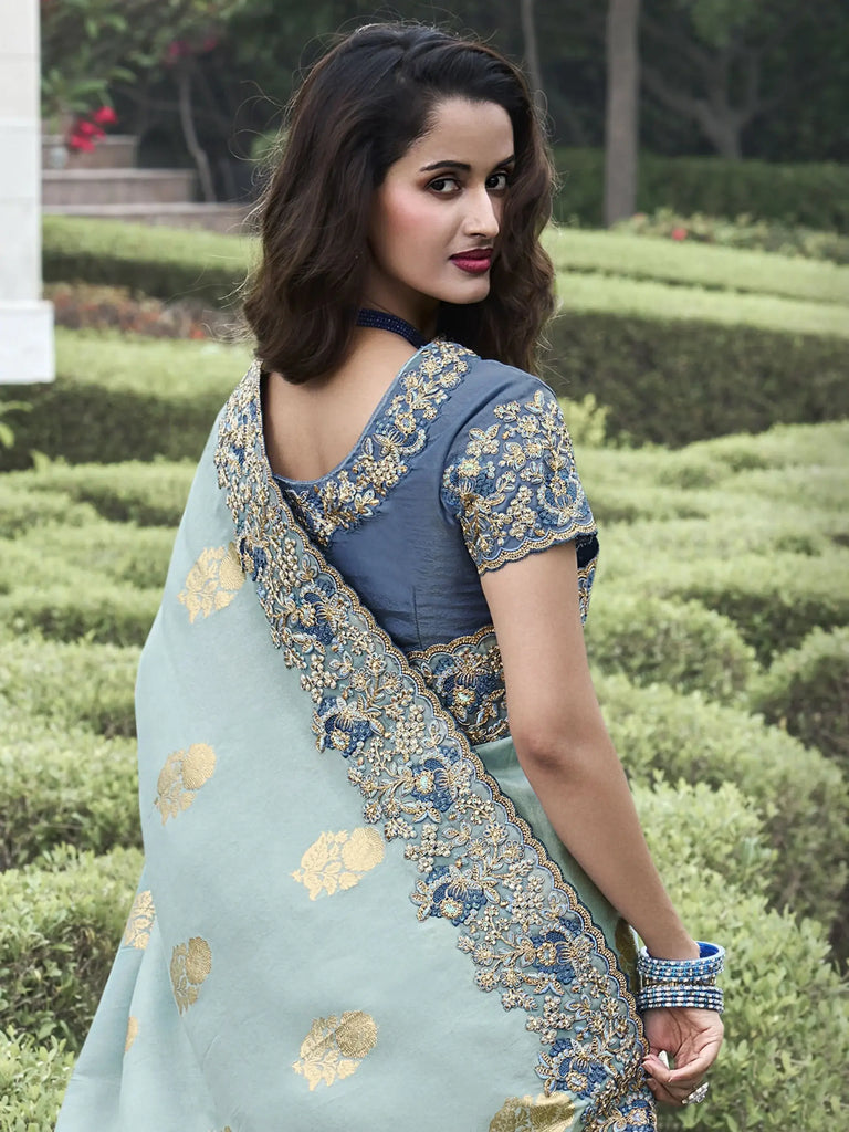 Alluring Sea Green Thread Embroidery Organza Silk Event Wear Saree