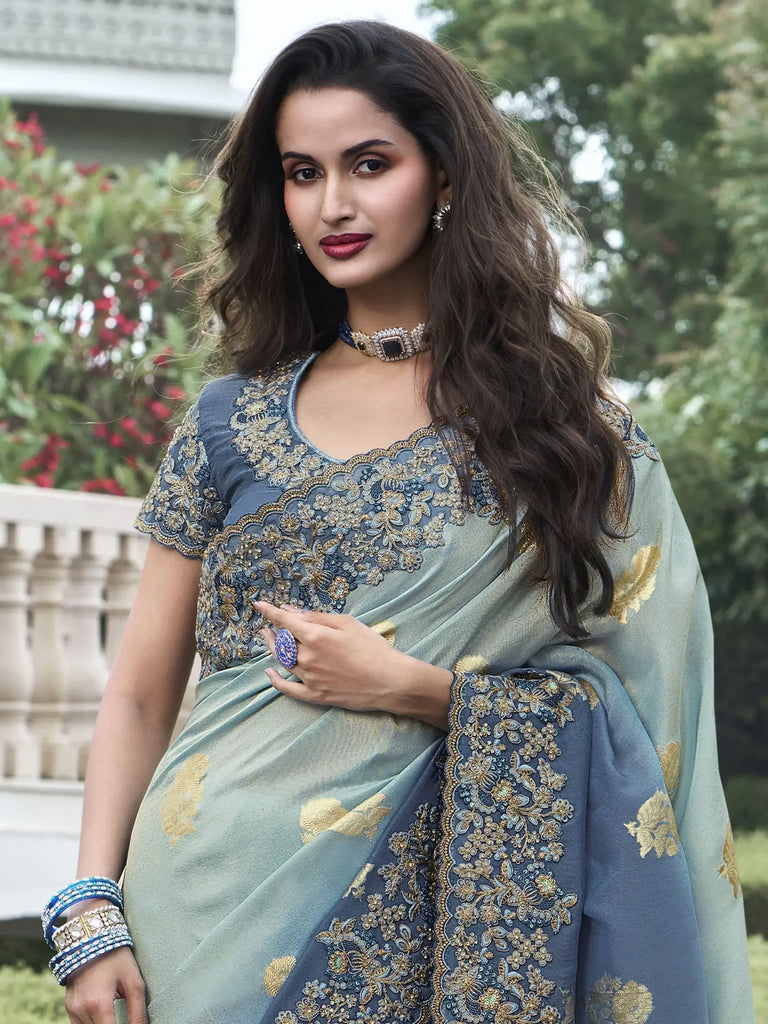 Alluring Sea Green Thread Embroidery Organza Silk Event Wear Saree