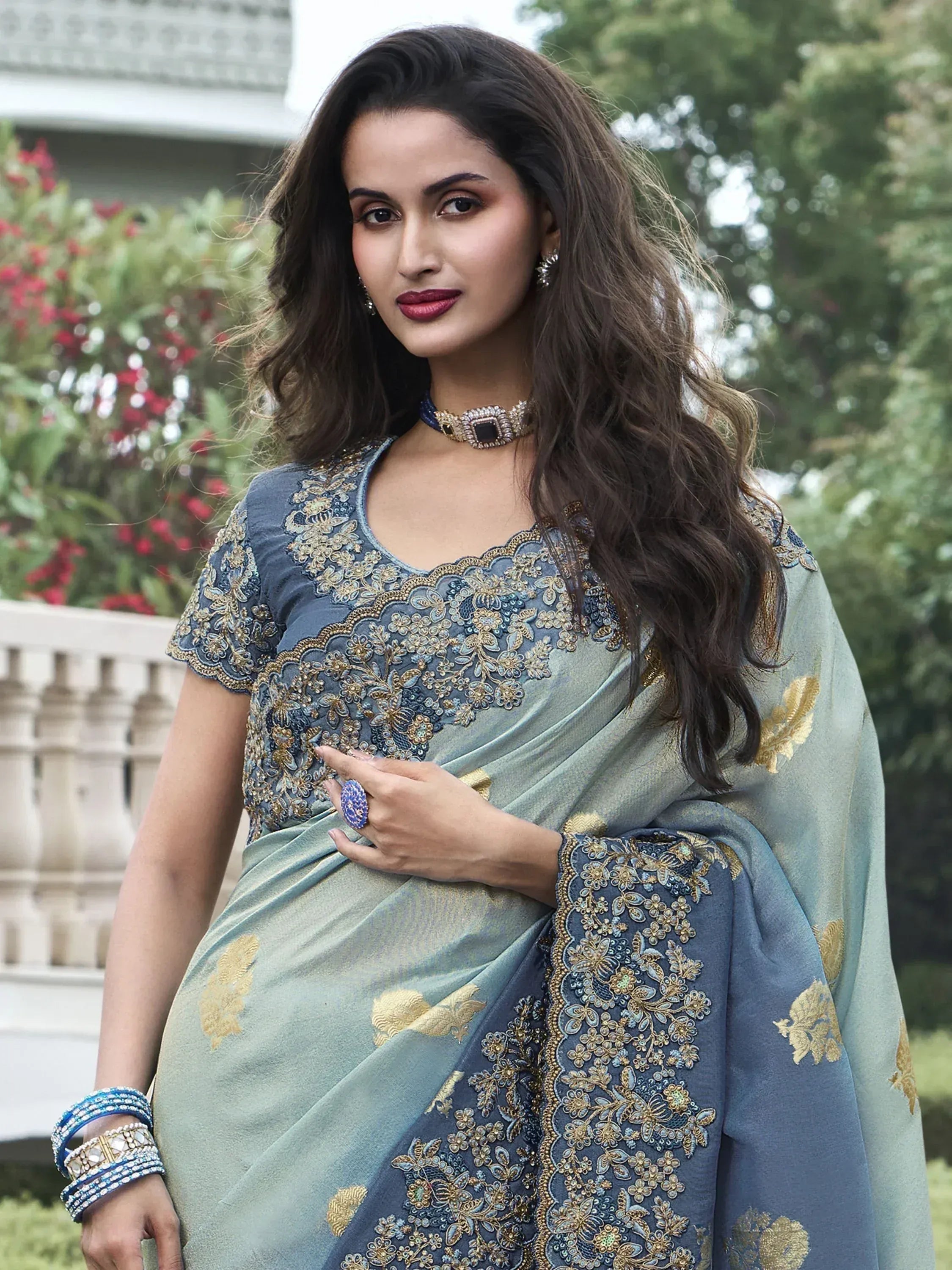 Alluring Sea Green Thread Embroidery Organza Silk Event Wear Saree