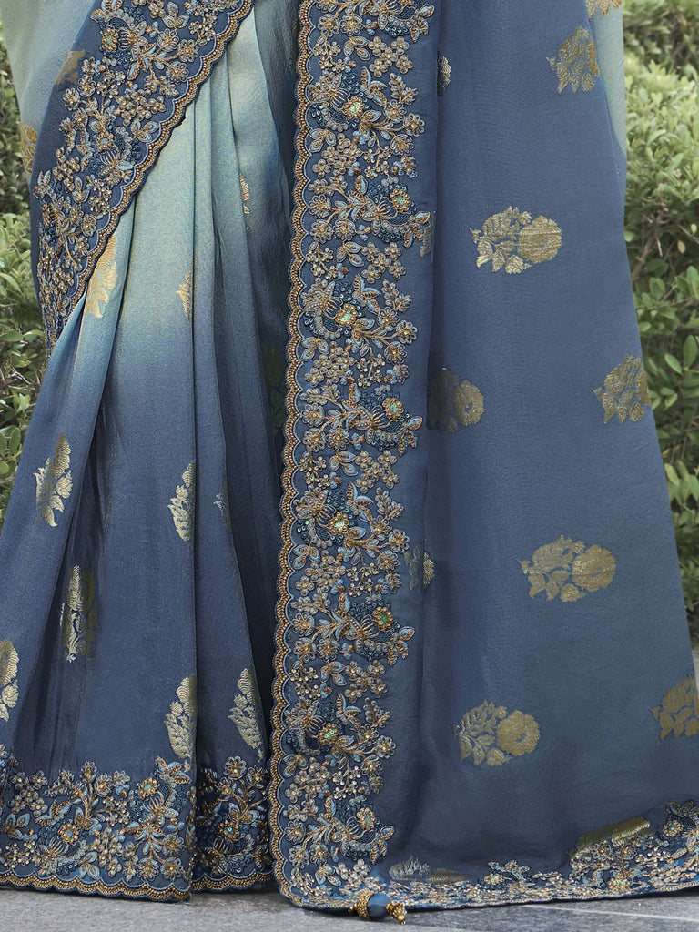 Alluring Sea Green Thread Embroidery Organza Silk Event Wear Saree