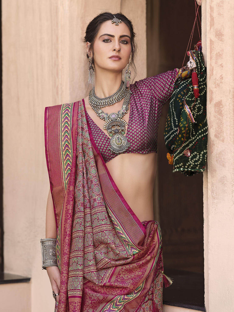 Beautiful Wine Patola Printed Silk Casual Wear Saree With Blouse