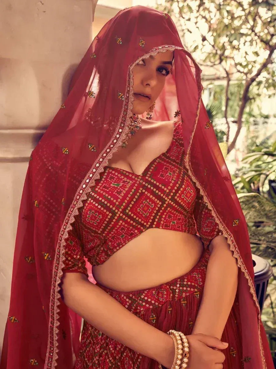 Red embroidered lehenga choli with matching dupatta, Indian ethnic wear for women