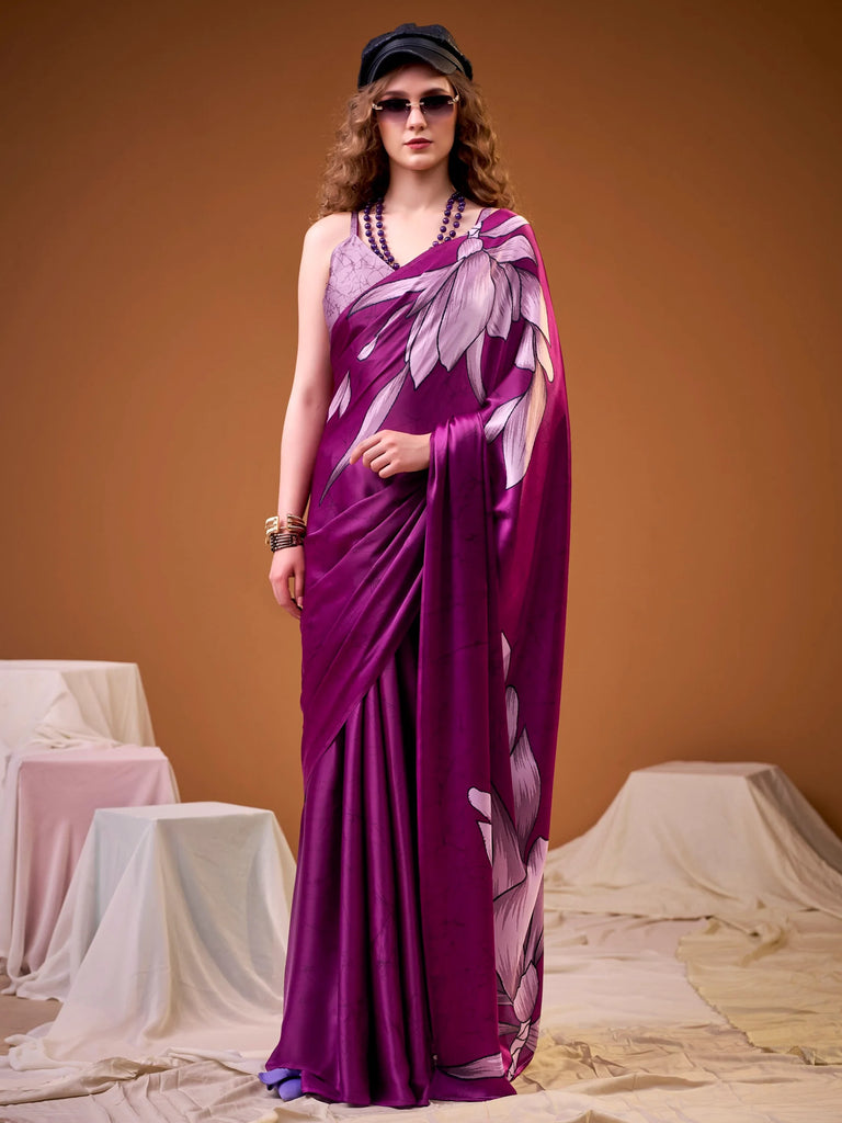 Noteworthy Pink Flower Printed Satin Event Wear Saree With Blouse