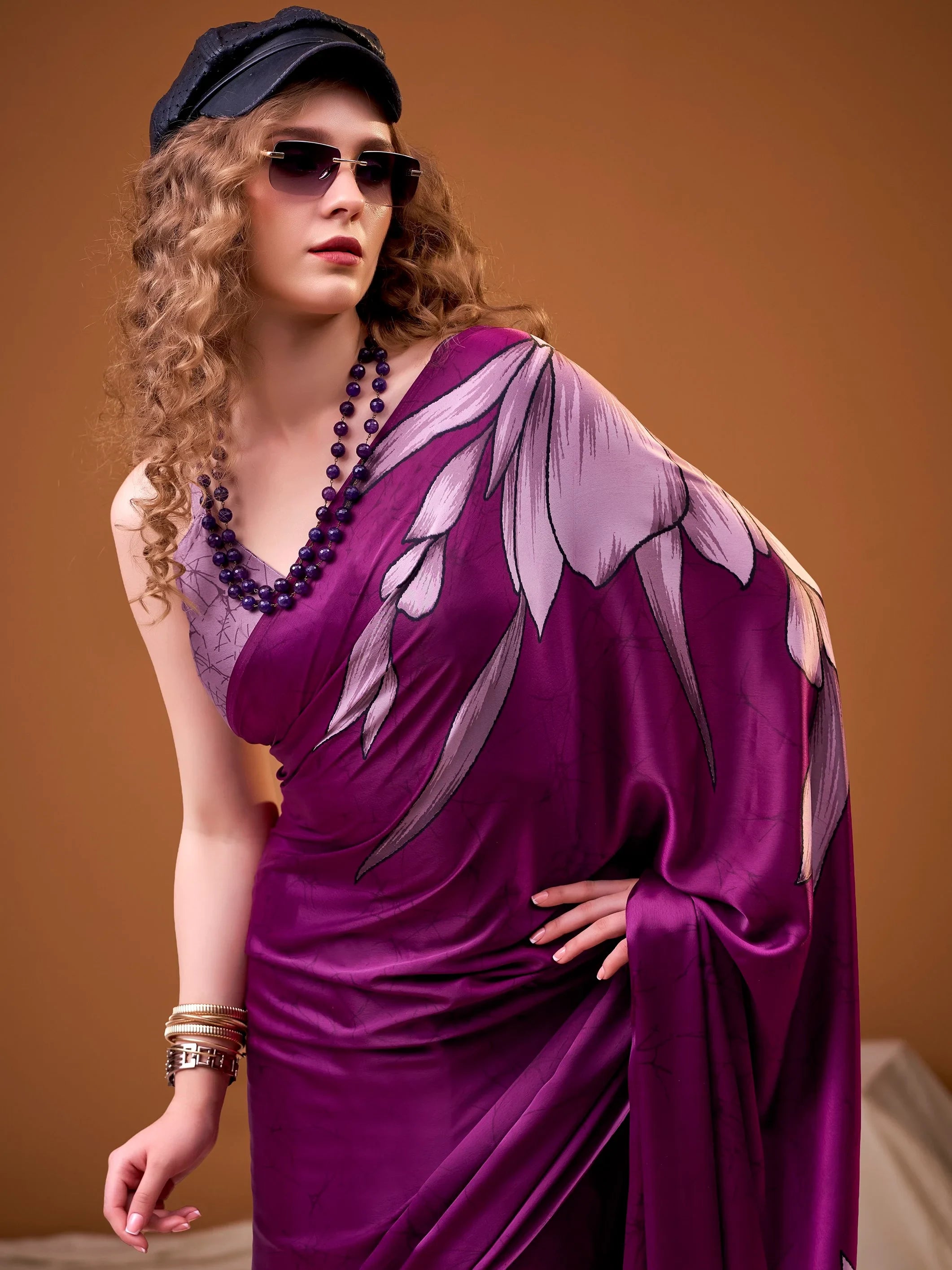 Noteworthy Pink Flower Printed Satin Event Wear Saree With Blouse