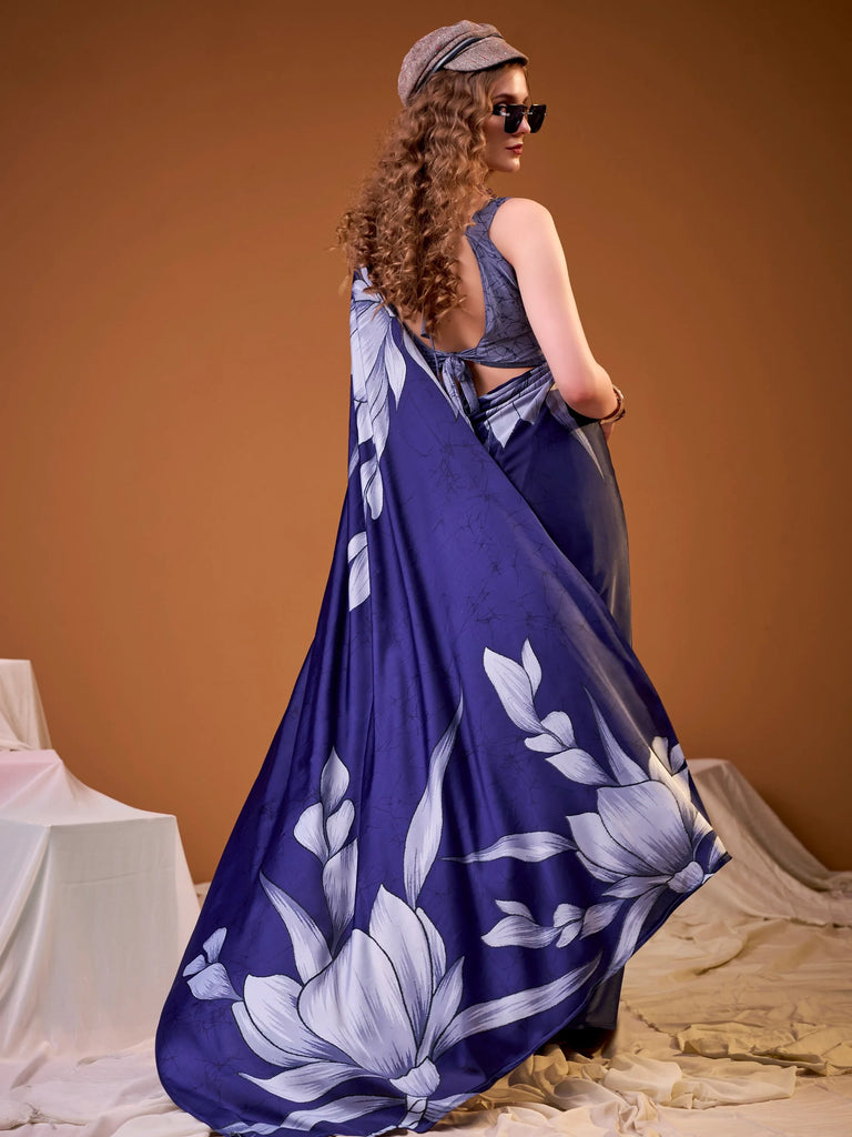 Awesome Navy Blue Printed Satin Marriage Wear Saree With Blouse