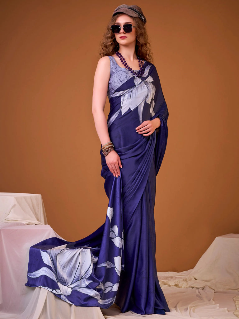 Awesome Navy Blue Printed Satin Marriage Wear Saree With Blouse