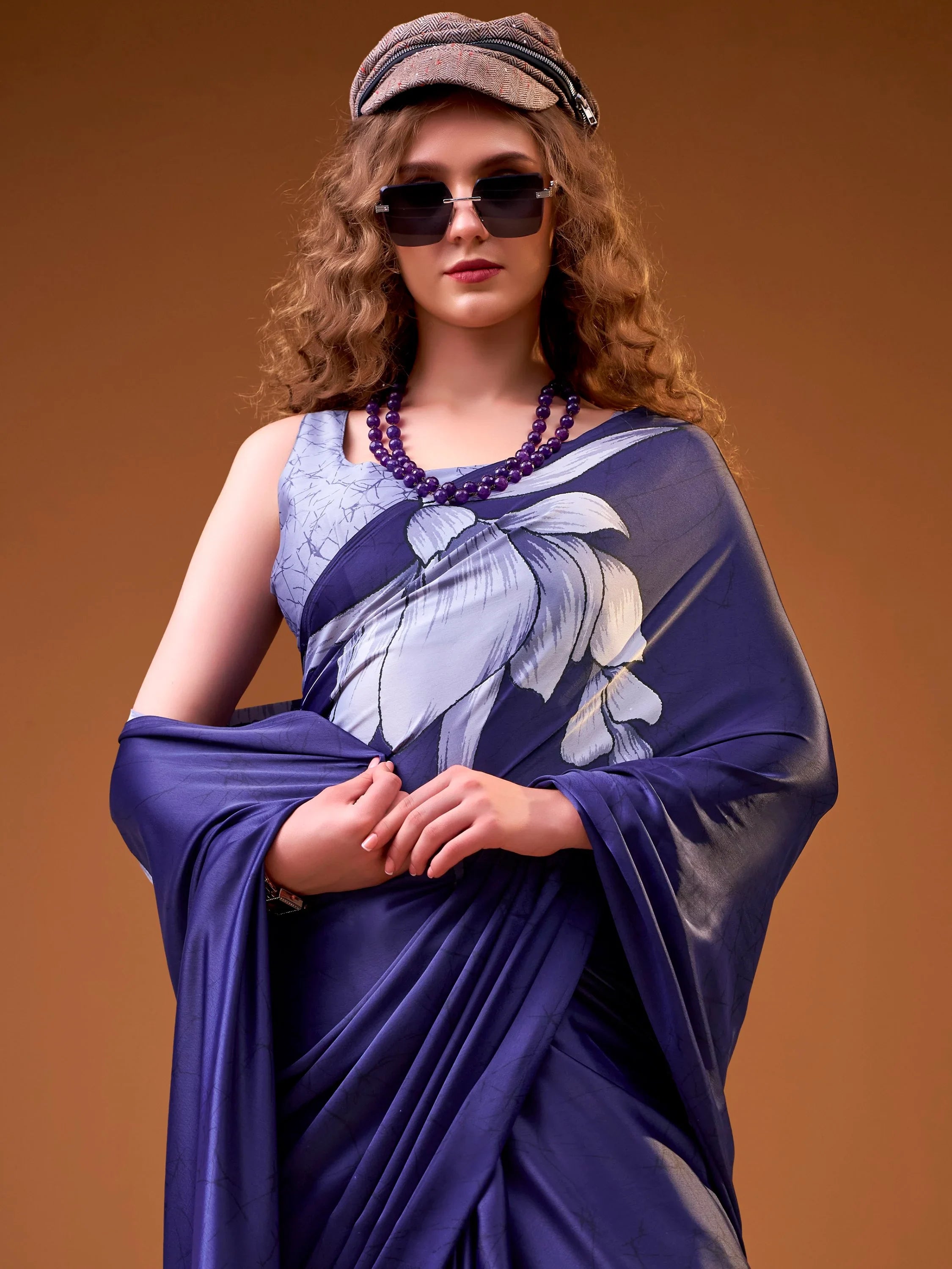 Awesome Navy Blue Printed Satin Marriage Wear Saree With Blouse