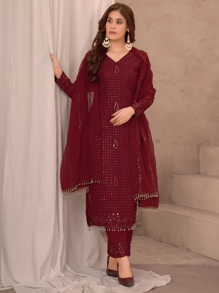 Wonderful Maroon Thread Work Georgette Festive Wear Pant Suit
