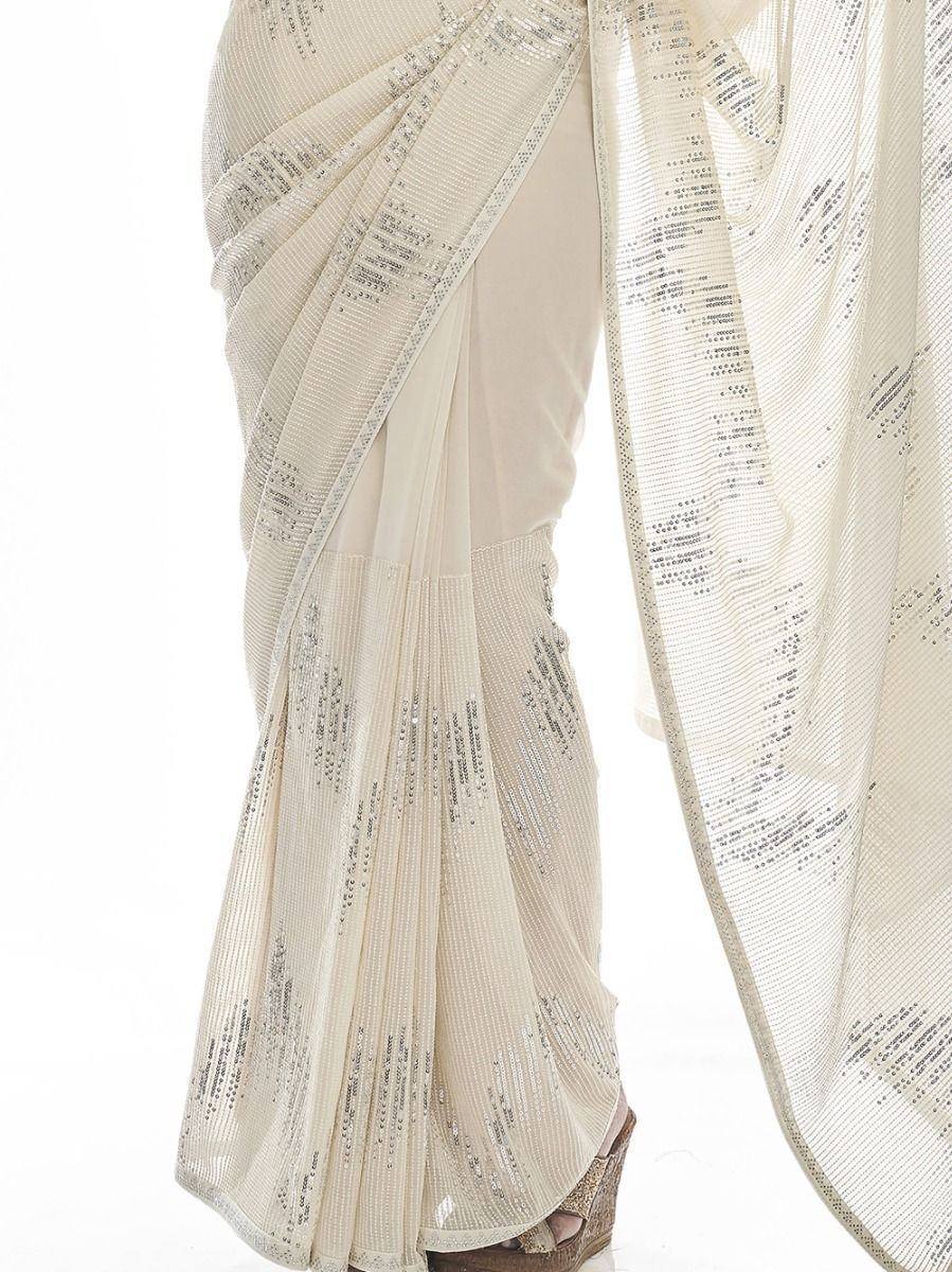 Cream saree with silver sequin embroidery, elegant ethnic wear for women