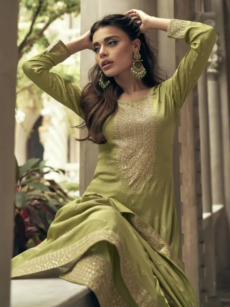 Spectacular Olive Green Sequins Work Mehendi Wear Palazzo Suit