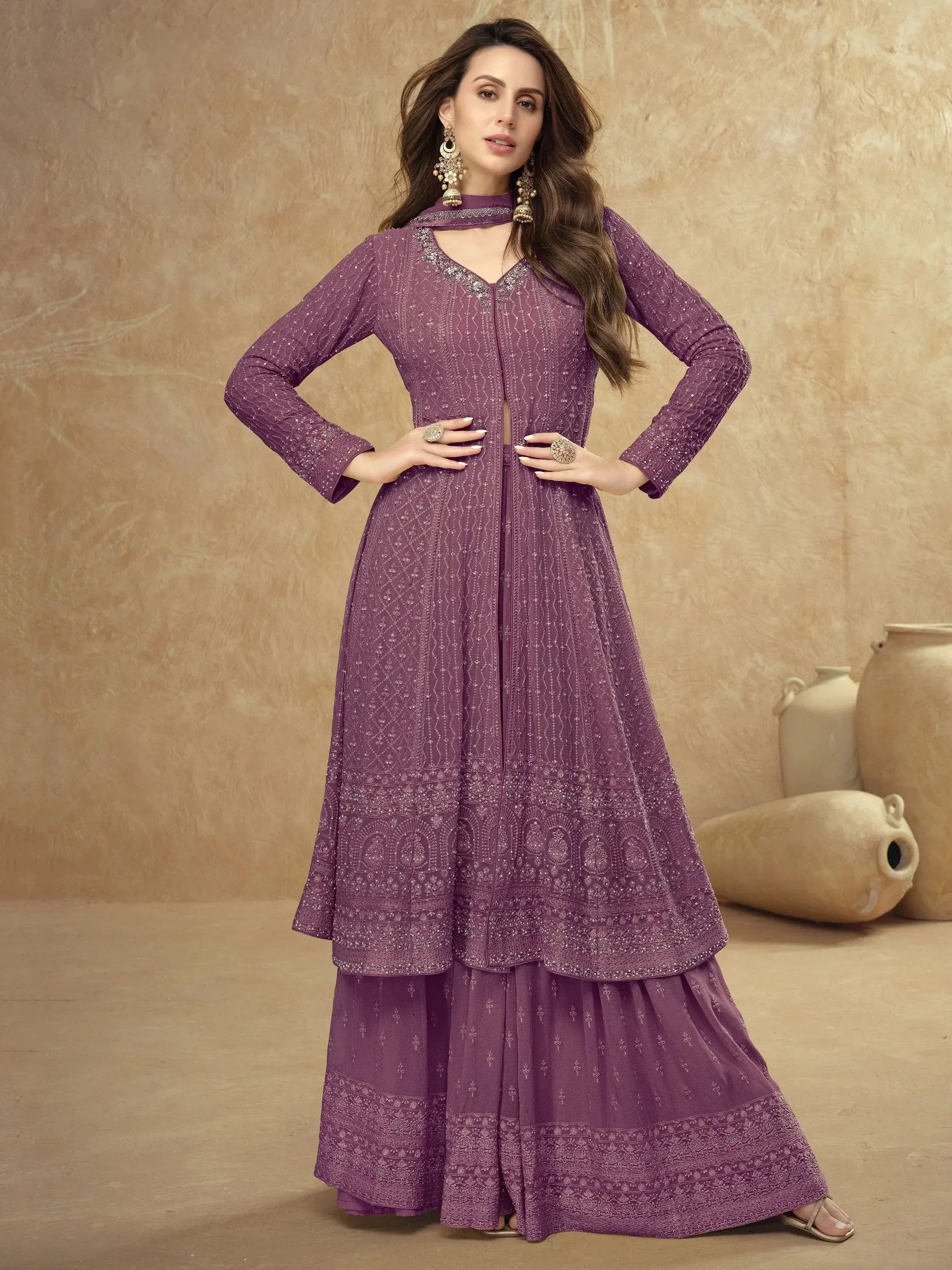Purple embroidered anarkali suit with flared skirt, perfect for Indian ethnic wear and festive occasions.