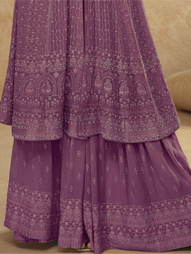 Delightful Purple Embroidered Georgette Wedding Wear Sharara Suit