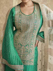 Amazing Teal Green Embroidered Chinon Silk Event Wear Gharara Suit