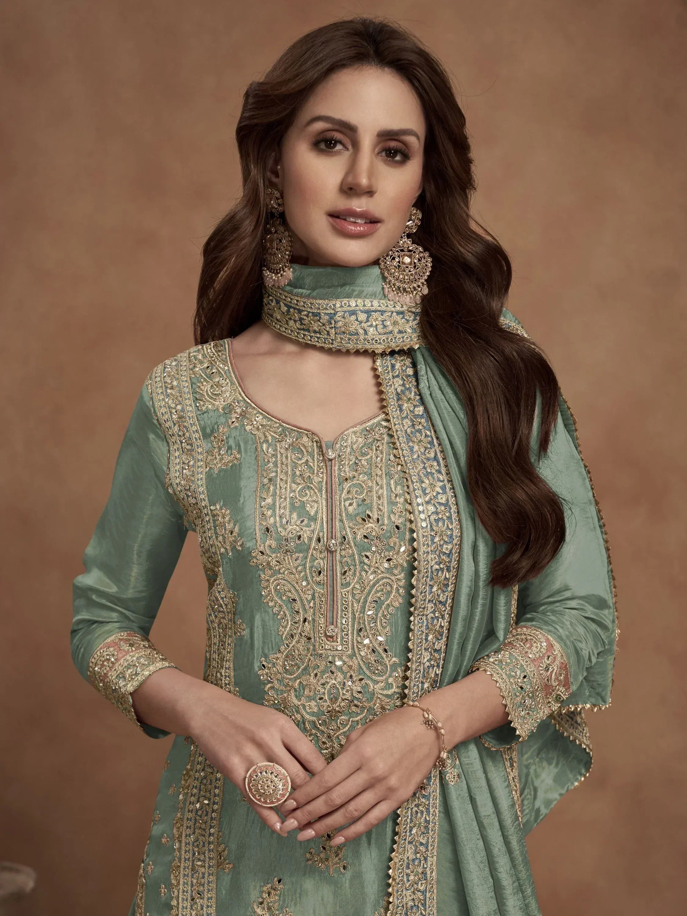 Elegant sage green embroidered salwar kameez with gold detailing, perfect for festive occasions and ethnic wear.