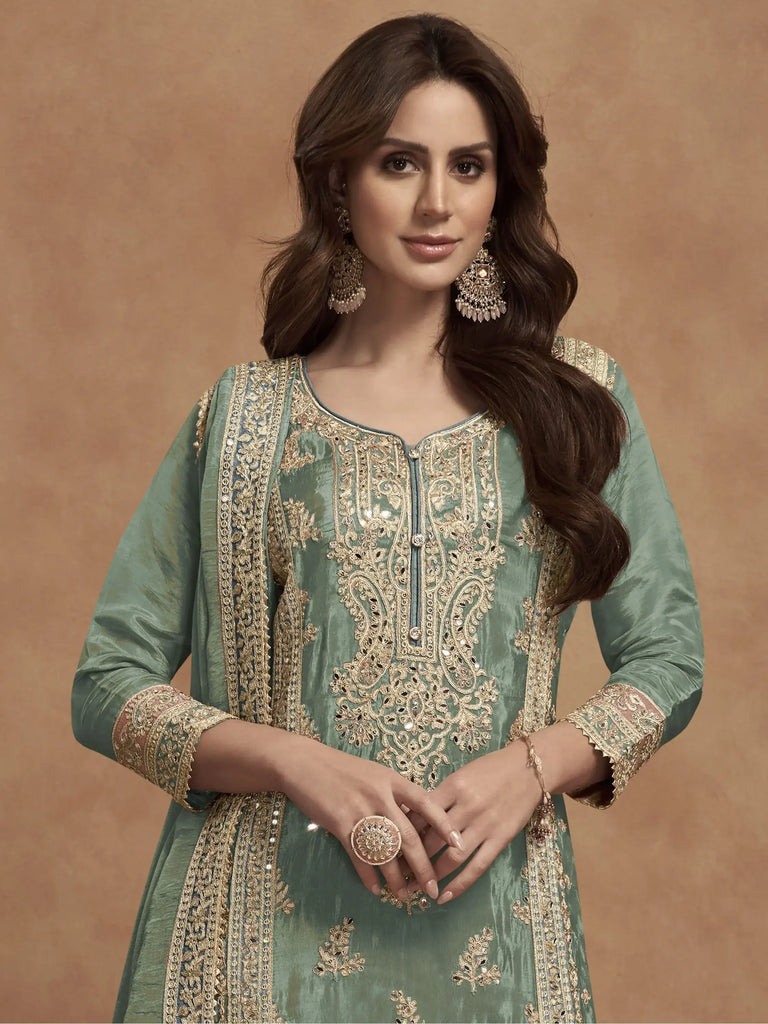 Enjoyable Pista Green Embroidered Silk Event Wear Palazzo Suit