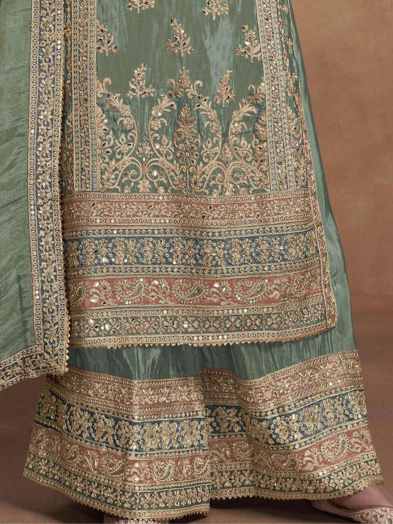 Enjoyable Pista Green Embroidered Silk Event Wear Palazzo Suit