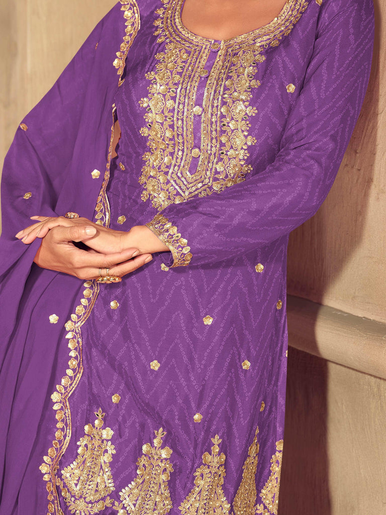 Artistic Purple Chinon Sequins Wedding Wear Palazzo Suit With Dupatta