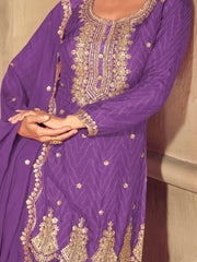 Artistic Purple Chinon Sequins Wedding Wear Palazzo Suit With Dupatta