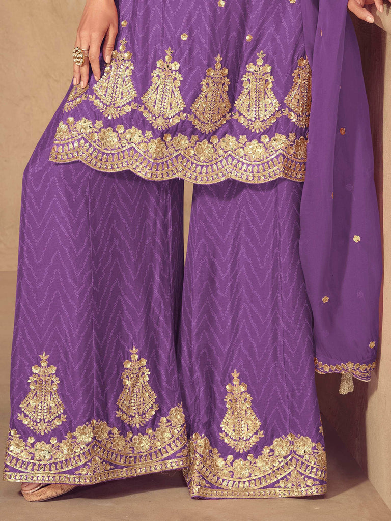 Artistic Purple Chinon Sequins Wedding Wear Palazzo Suit With Dupatta