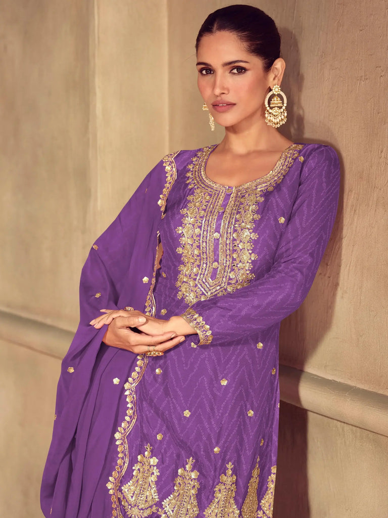 Artistic Purple Chinon Sequins Wedding Wear Palazzo Suit With Dupatta