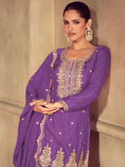 Artistic Purple Chinon Sequins Wedding Wear Palazzo Suit With Dupatta