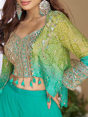 Stunning Sea Green Mirror Work Party Wear Crop Top Palazzo With Koti