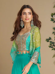 Stunning Sea Green Mirror Work Party Wear Crop Top Palazzo With Koti