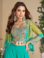 Stunning Sea Green Mirror Work Party Wear Crop Top Palazzo With Koti