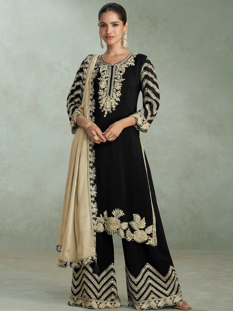 Glowing Black Embroidered Chinon Function Wear Palazzo Suit