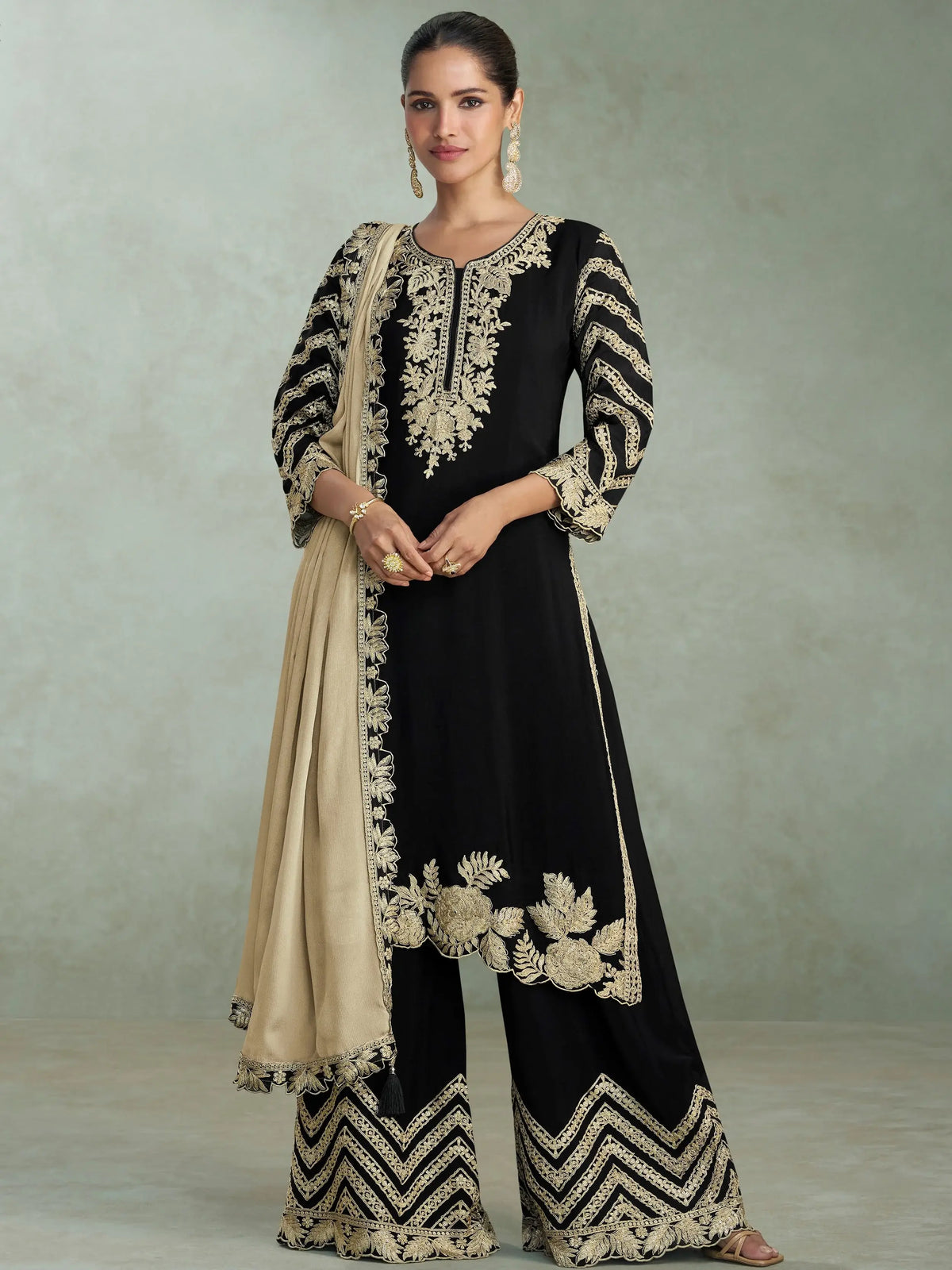 Glowing Black Embroidered Chinon Function Wear Palazzo Suit