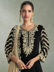 Glowing Black Embroidered Chinon Function Wear Palazzo Suit