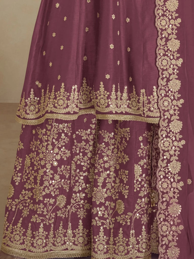 Mesmerizing Pink Embroidered Chinon Palazzo Suit With Dupatta