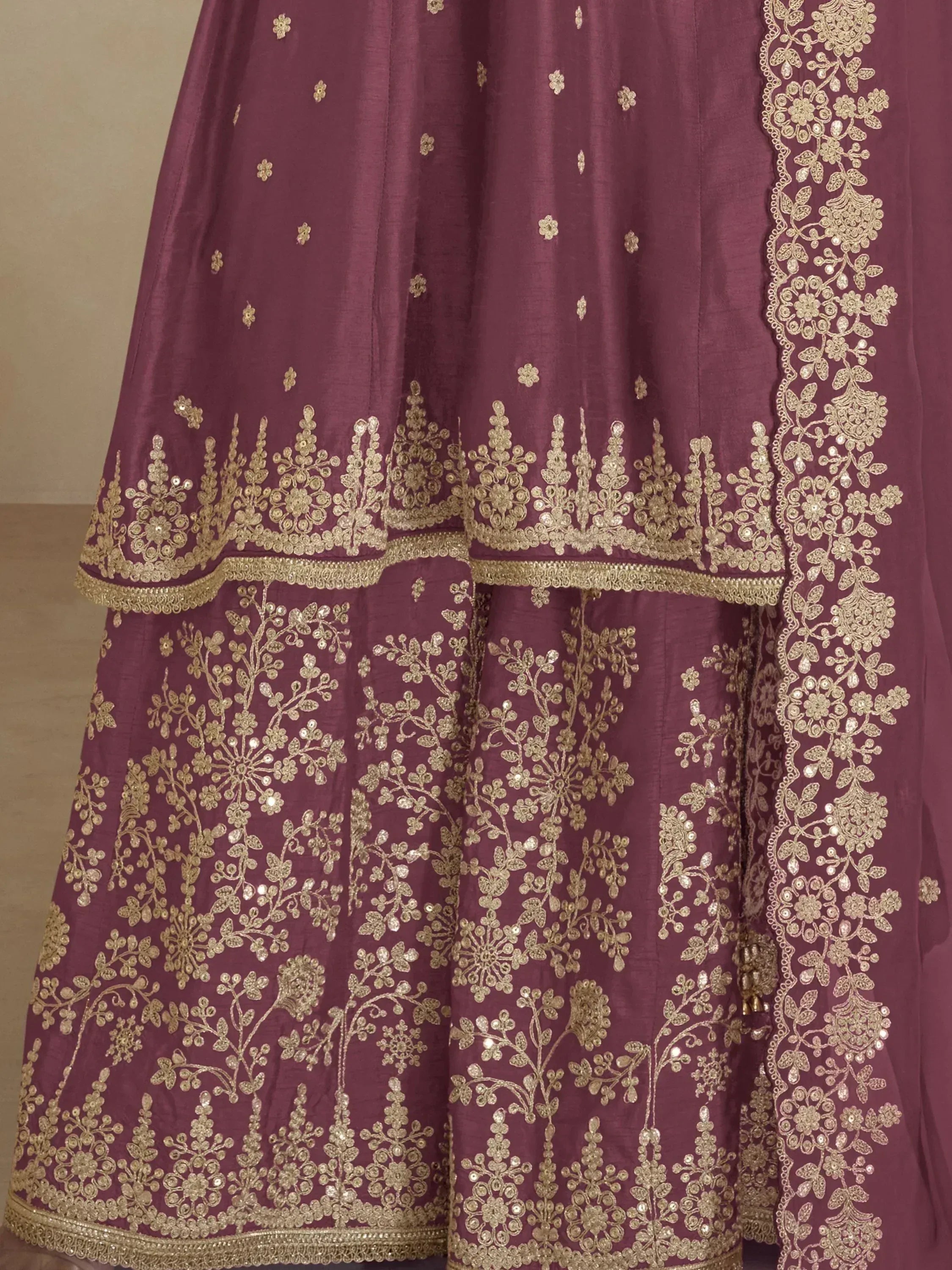 Purple lehenga choli with gold floral embroidery and sequin detailing, Indian ethnic wear