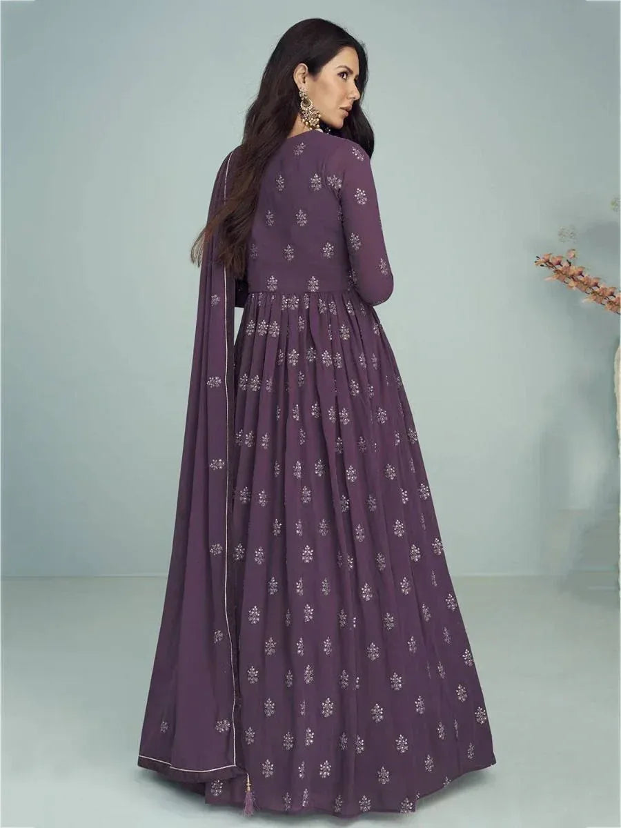 Purple floral embroidered anarkali suit with dupatta, Indian ethnic wear for women
