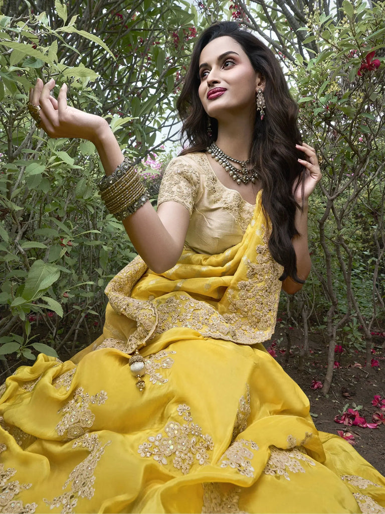 Stunning Yellow Dori Work Organza Silk Haldi Wear Saree With Blouse