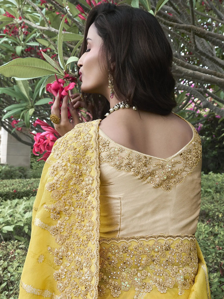 Stunning Yellow Dori Work Organza Silk Haldi Wear Saree With Blouse