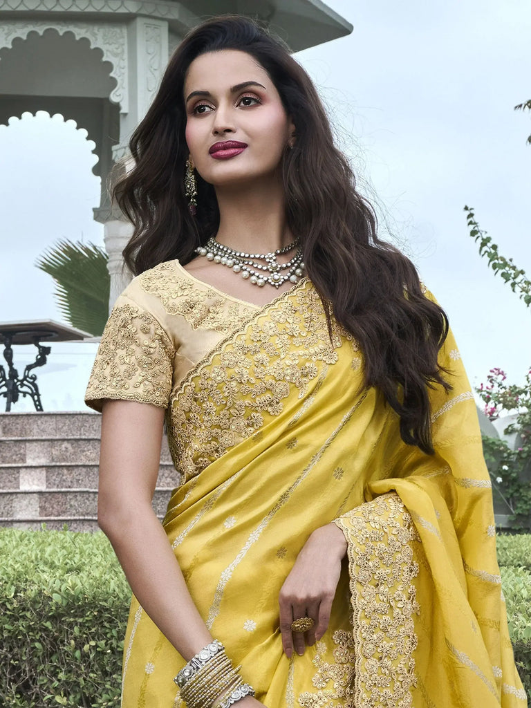 Stunning Yellow Dori Work Organza Silk Haldi Wear Saree With Blouse