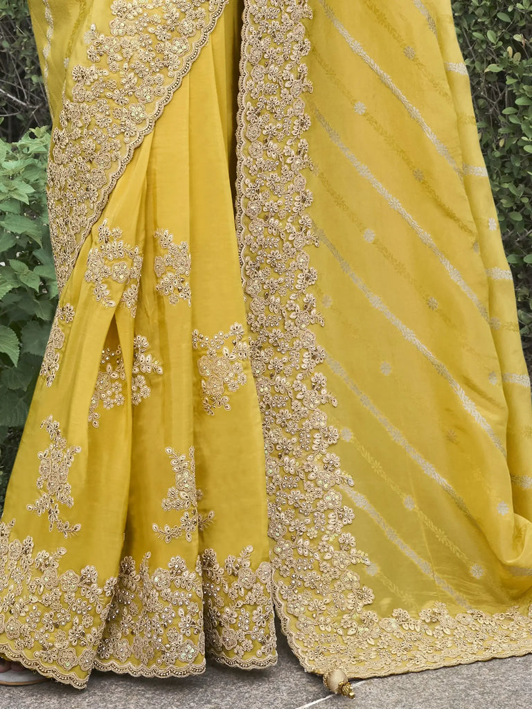 Stunning Yellow Dori Work Organza Silk Haldi Wear Saree With Blouse