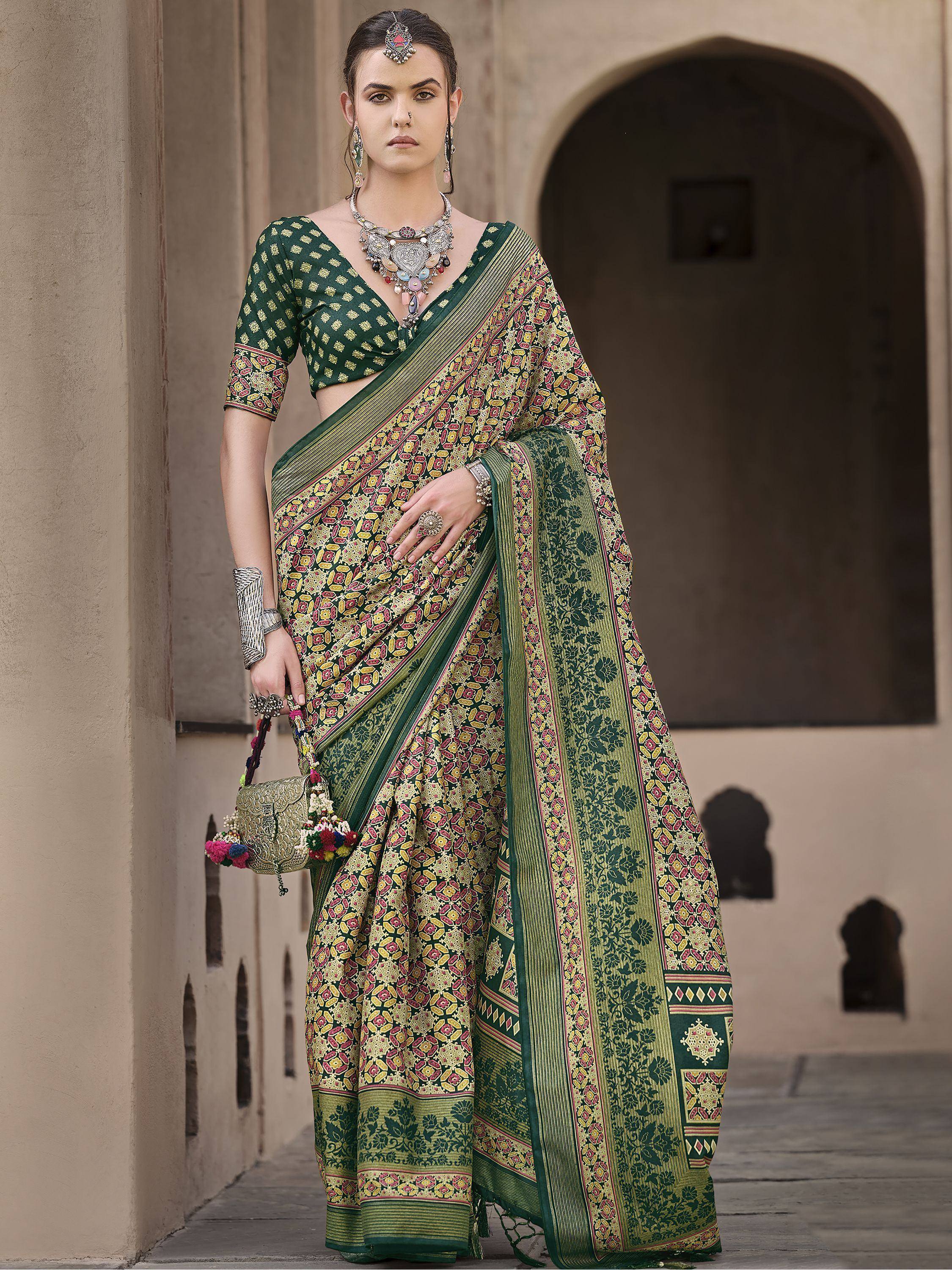 Green printed saree with matching blouse, traditional Indian ethnic wear for women