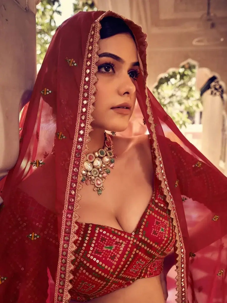 Stunning Pink Thread Embroidered  Silk Wedding Wear Lehenga Choli