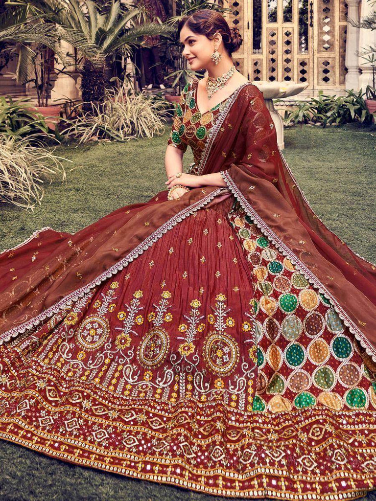 Attractive Maroon Thread Embroidered  Silk Wedding Wear Lehenga Choli