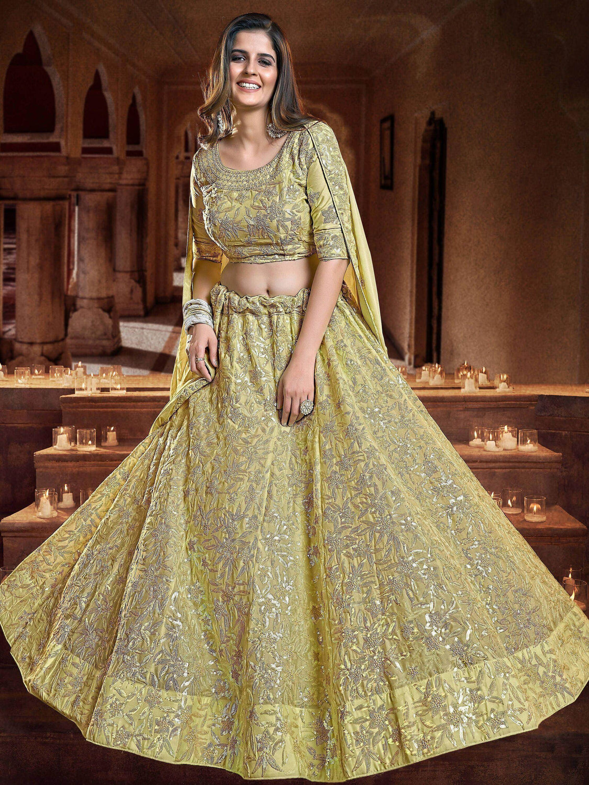 Charming Dark Yellow Sequins Embroidered Georgette Wedding Wear Lehenga Choli