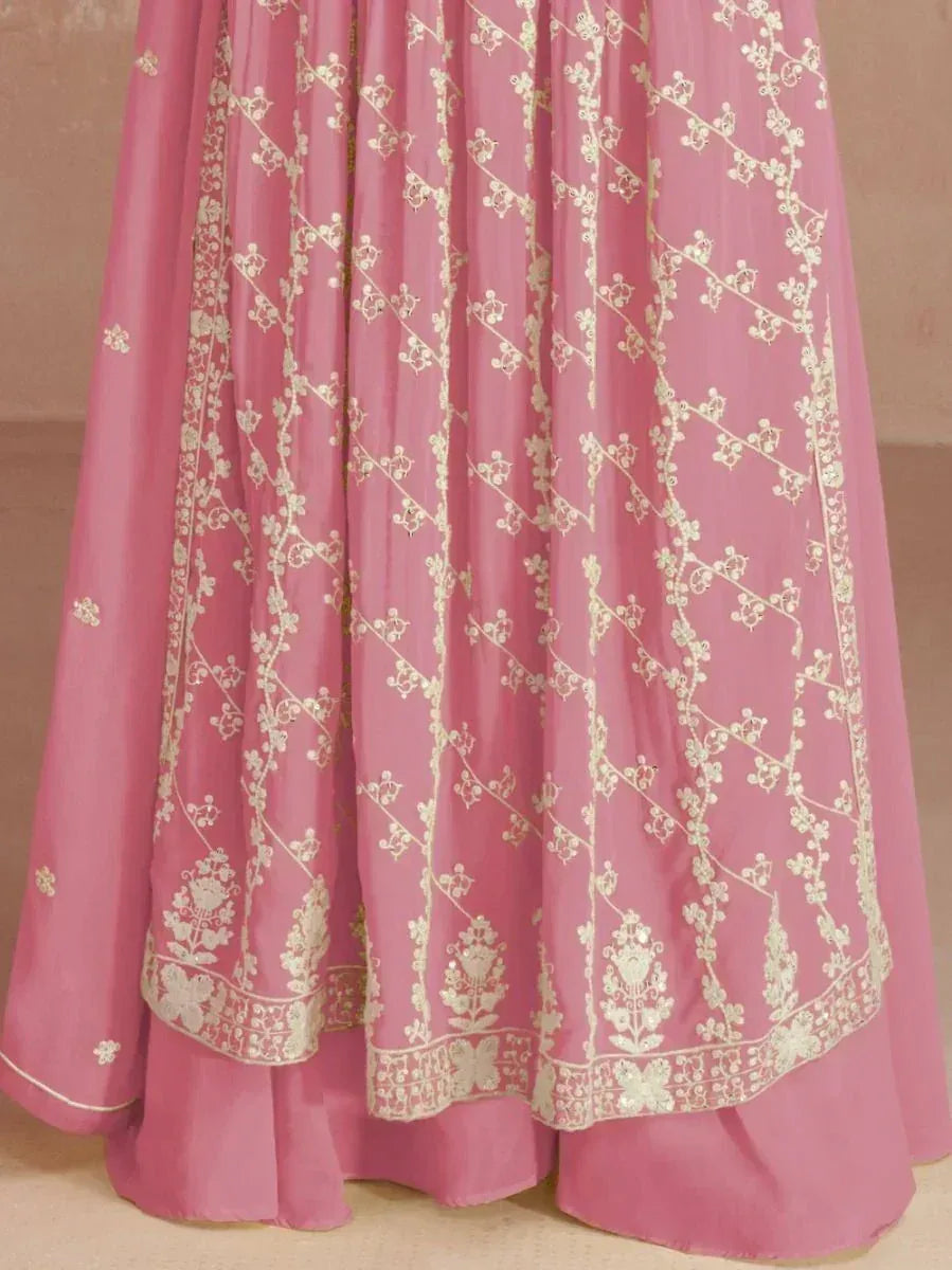 Pink embroidered lehenga skirt with floral and vine patterns