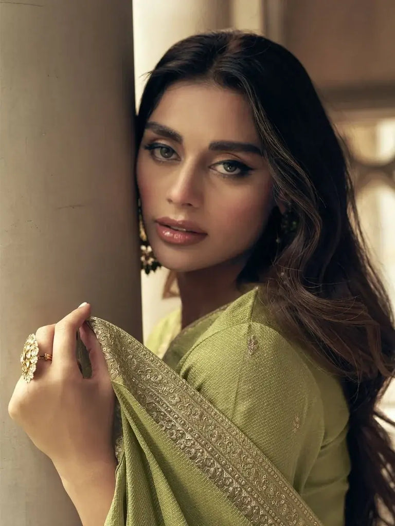 Spectacular Olive Green Sequins Work Mehendi Wear Palazzo Suit