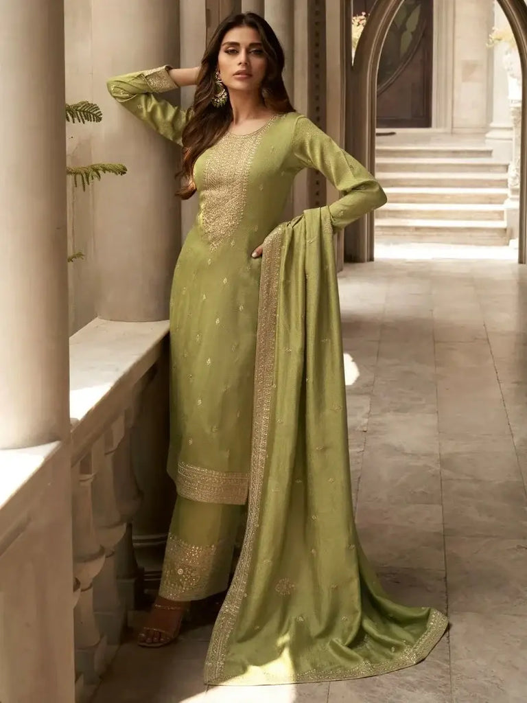 Spectacular Olive Green Sequins Work Mehendi Wear Palazzo Suit
