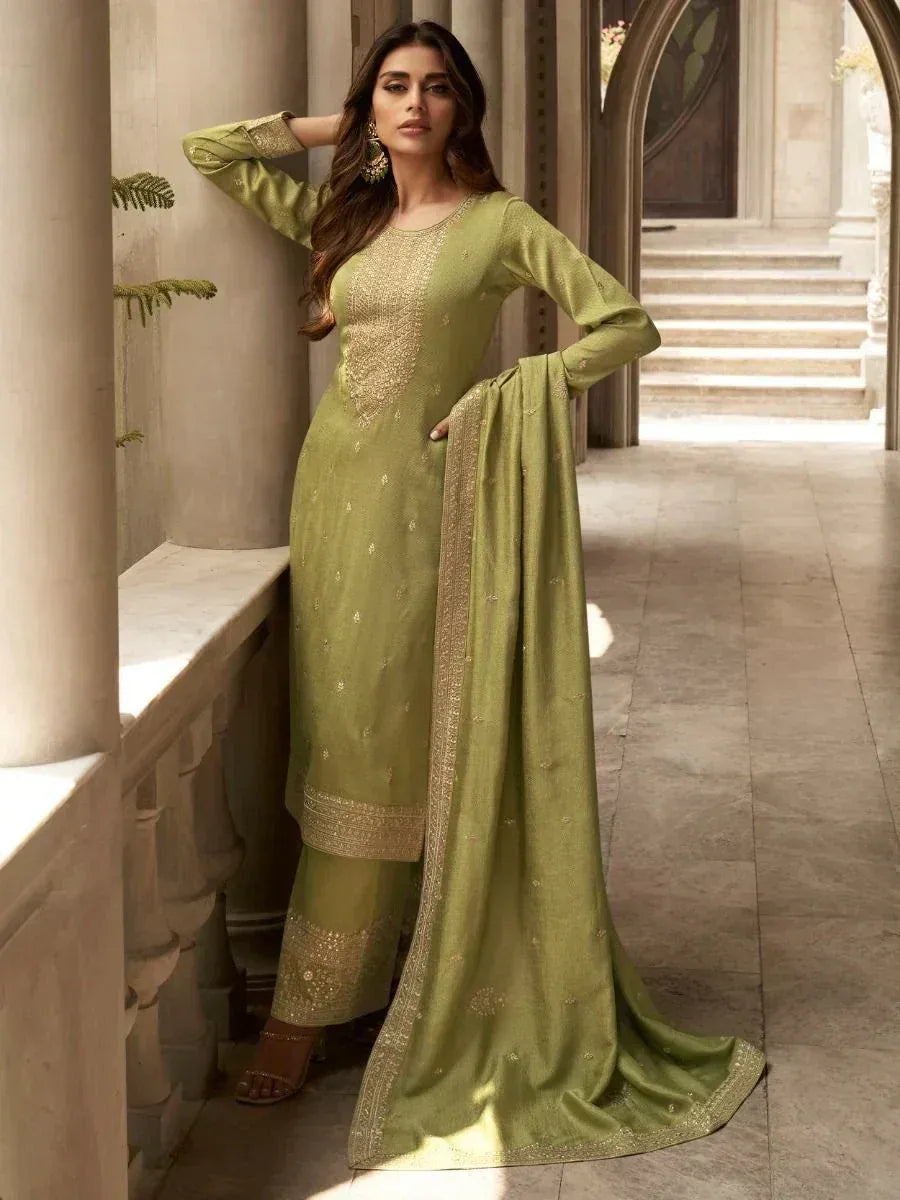 Olive green embroidered salwar kameez with gold detailing, perfect for festive occasions and ethnic events.