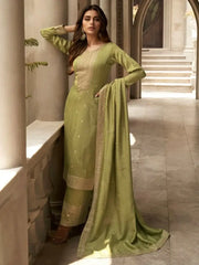 Spectacular Olive Green Sequins Work Mehendi Wear Palazzo Suit