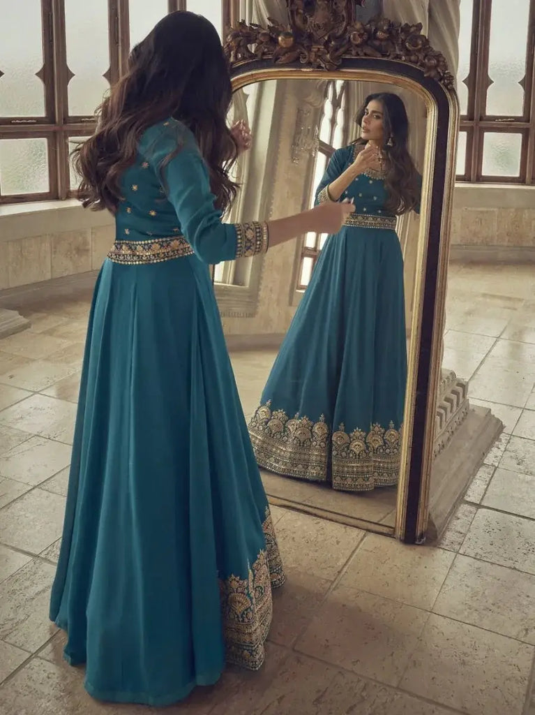 Charismatic Blue Embroidered Silk Reception Wear Ready-made Gown