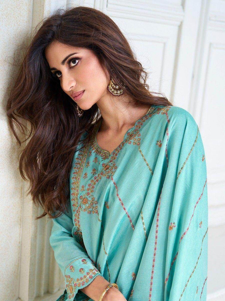 Gorgeous Turquoise Embroidered Silk Event Wear Pant Suit With Dupatta